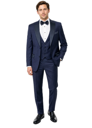 Corneliani CC Collection Navy Micro Check Satin Lapel Slim Fit 3-Piece Wool Tuxedo 44R