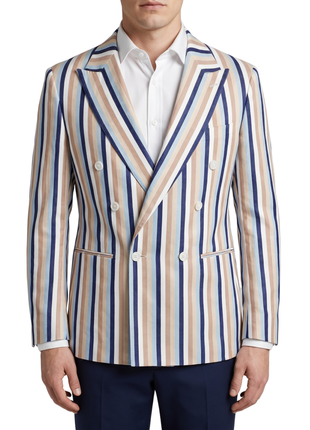 Canuti Beige & Blue Stripe Modern Fit Peak Lapel Double Breasted Sport Coat