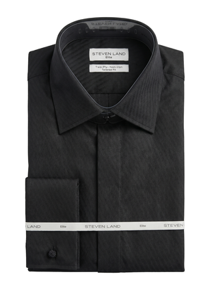 Steven Land Black Textured Spread Collar French Cuffs Non-Iron Tailored Fit Cotton Dress Shirt