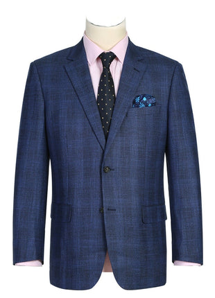 Men's Classic Fit Single Breasted Two Button Navy Big-Plaid Suit Jacket Blazer