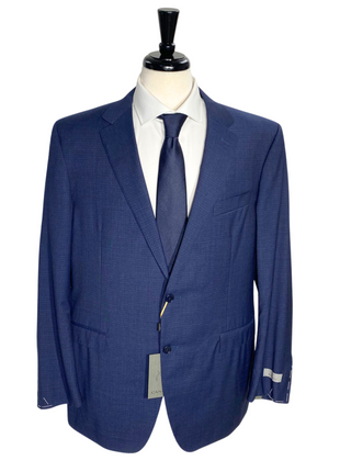 Canali Navy Blue Tonal Plaid Notch Lapel 100% Wool 2 Button Suit 48L
