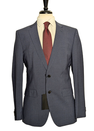 Hugo Boss Lanificio Blue and Gray Tonal Check Slim Fit Notch Lapels Wool 2-Button Suit - 40R