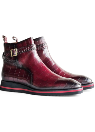 Carrucci Vesper Burgundy Croc Embossed Leather Cross Strap Wedge Boots