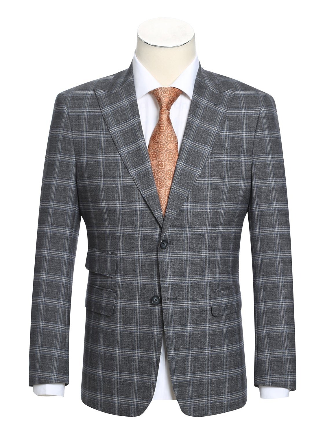 English Laundry Slim Fit Two Button Gray with White Blue Check Peak Lapel Suit