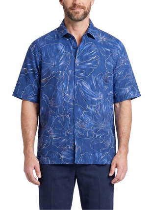 Lavane Mens Blue Floral Spread Collar Short Sleeve Button-Up Shirt