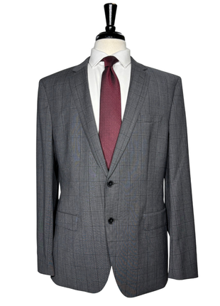 Hugo Boss Mens Gray Windowpane Notch Lapel Wool 2-Button Suit - 44R
