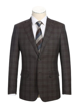 English Laundry Brown Tonal Plaid Slim Fit Peak Lapel 2-Button Wool Suit