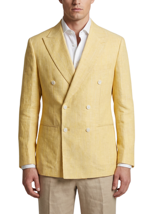 Canuti Yellow Modern Fit Peak Lapel Linen-Cotton Double Breasted Sport Coat