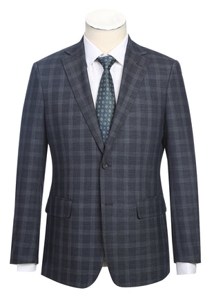 English Laundry Mens Navy Windowpane Slim Fit Notch Lapel 2 Button Stretch Suit