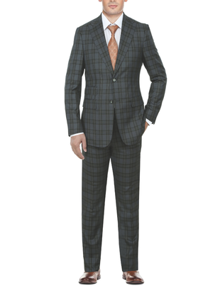 English Laundry Mens Gray With Green Plaid Slim Fit Peak Lapel 2 Button Stretch Suit