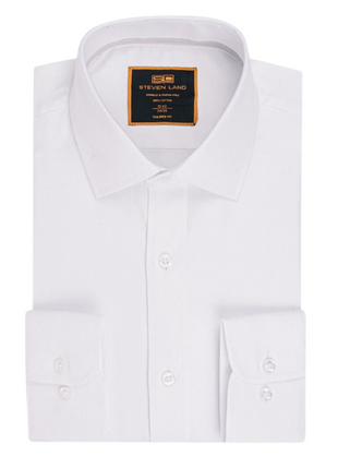Steven Land White Herringbone Classic Fit Spread Collar Wrinkle Shrink Free Cotton Dress Shirt