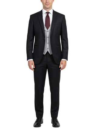 Corneliani Mens Black and Silver Mixed Pattern Fully-Canvassed Peak Lapel Classic Fit 3-Piece Wool Blend Suit - 40R