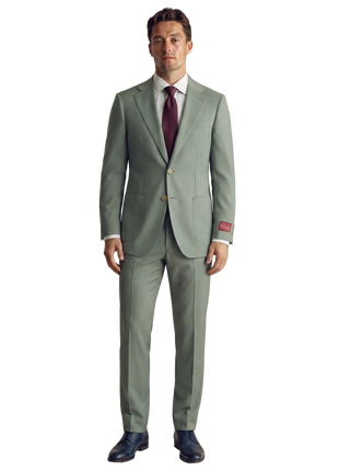 Mazara Mens Sage Green Classic Fit Notch Lapels Patch Pockets Wool Stretch 2-Button Suit