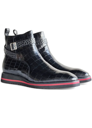 Carrucci Vesper Black Croc Embossed Leather Cross Strap Wedge Boots - The Suit Depot
