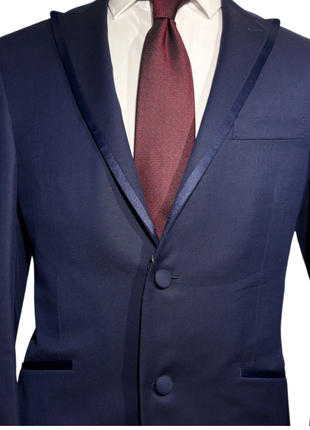 Corneliani Mens Solid Navy Fully-Canvassed Satin Peak Lapel Slim Fit 3-Piece Wool Tuxedo Suit - 40R - The Suit Depot
