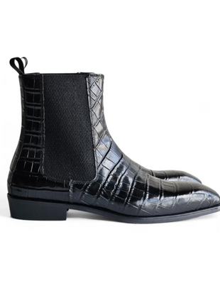 Carrucci Mens Black Crocodile Embossed Leather Chelsea Boots - The Suit Depot