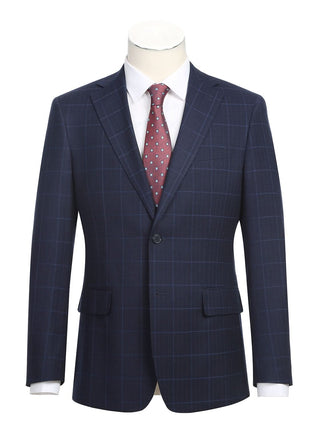 English Laundry Navy Windowpane Slim Fit Notch Lapel 2 Button Stretch Suit