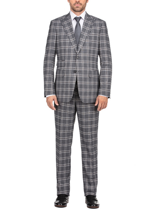 English Laundry Windowpane Check Gray Slim Fit Peak Lapel Stretch 2 Button Suit