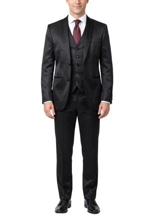 Corneliani Mens Black Textured Fully-Canvassed Shawl Lapel Classic Fit 3-Piece Tuxedo Suit - 36S