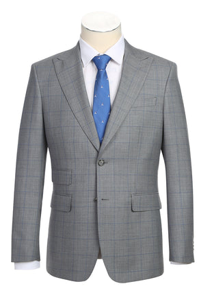 English Laundry Grey & Blue Windowpane Slim Fit Peak Lapel 2 Button Wool Suit
