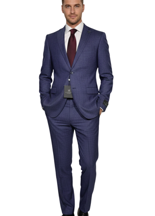 John Varvatos Check Blue Half-Canvassed Slim Fit Two Button Wool Suit