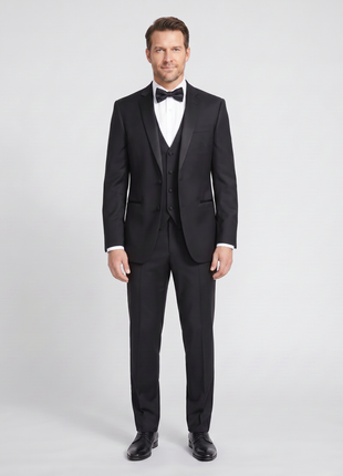 Corneliani Mens Solid Black Fully-Canvassed Shawl Lapel Slim Fit 3-Piece Wool Tuxedo - 38R