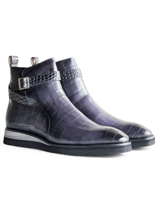 Carrucci Vesper Gray Croc Embossed Leather Cross Strap Wedge Boots