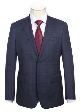 English Laundry Blue & Burgundy Houndstooth Plaid Slim Fit Notch Lapel Two button Stretch Suit