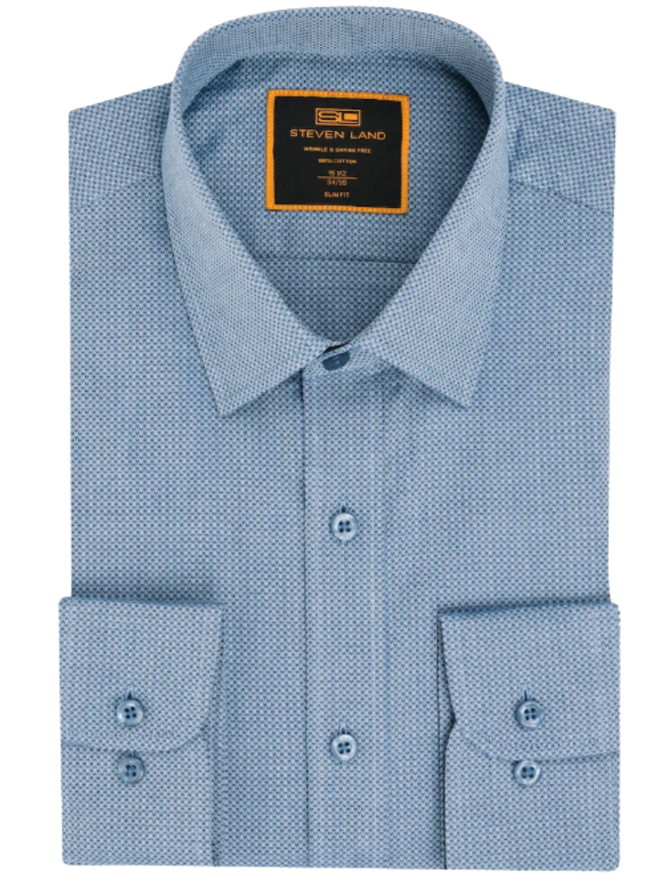 Steven Land Mens Textured Blue Spread Collar Wrinkle Shrink Free Cotto The Suit Depot Steven Land Mens Textured Blue Spread Collar Wrinkle Shrink Free Cotto The Suit Depot