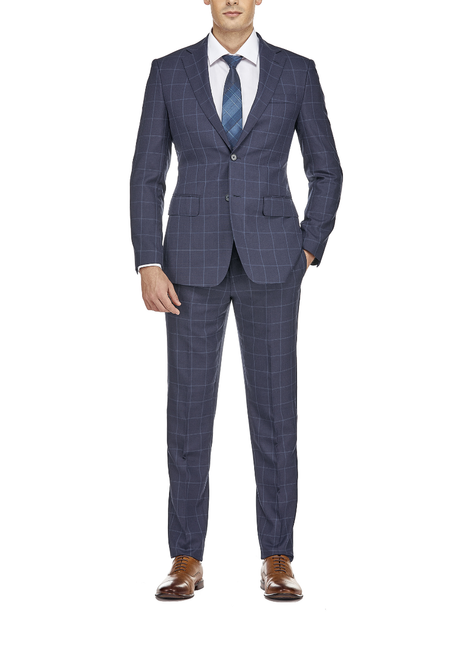 English Laundry Mens Navy Windowpane Slim Fit Notch Lapel 2 Button Wool Suit