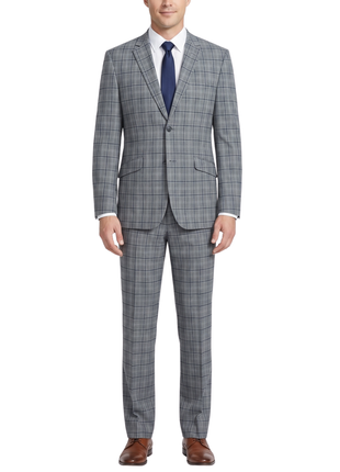 Raphael Mens Gray & Blue Windowpane Slim Fit Notch Lapel 2 Button Stretch Suit