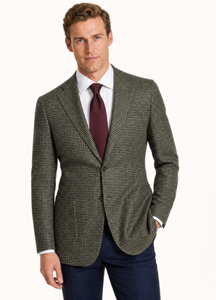 Porcaro Olive Green and Black Micro Check Classic Fit Cashmere 2-Button Sport Coat 38R