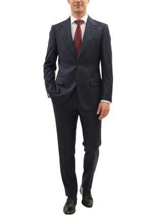 Centrion Mens Navy Blue Chalk Stripe Notch Lapels Classic Fit 2 Button Wool Suit