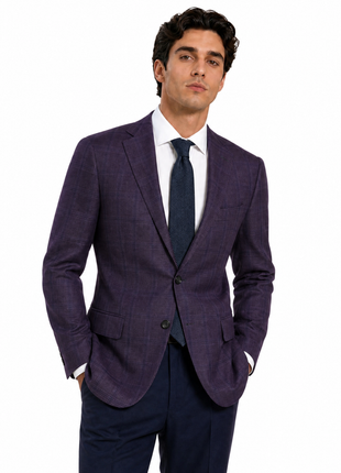 Canali 1934 Kei Plum & Navy Blue Glen Plaid Modern Fit Wool Notch Lapel 2 Button Sport Coat 40R