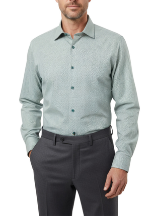 Proper Shirtings Grid Windowpane Hunter Green Contemporary Fit Cotton Spread Collar Wrinkle Free Dress Shirt