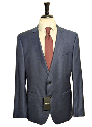Hugo Boss Super 120s Navy Blue Plaid Windowpane Slim Fit Notch Lapels Wool 2-Button Suit - 44R