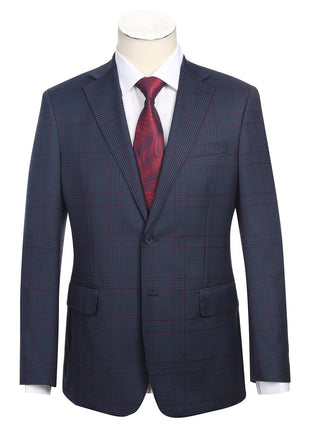English Laundry Slim Fit Two button Blue with Burgundy Check Peak Lapel Suit - The Suit Depot