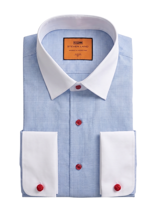 Steven Land Blue Glen Plaid Spread Collar French Cuffs Wrinkle & Shrink Free Cotton Dress Shirt