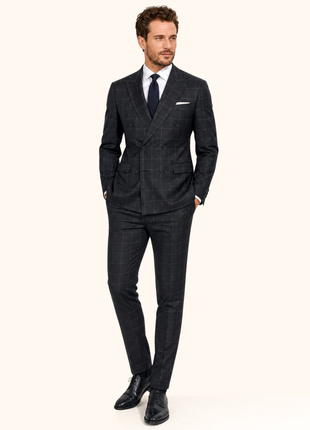 Mazara Mens Black With Gray Windowpane Slim Fit Double-Breasted Wool Suit