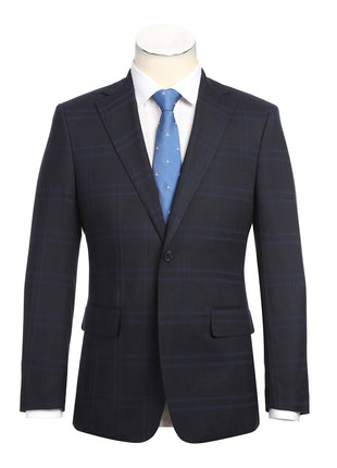 English Laundry Mens Navy Windowpane Slim Fit Notch Lapel 2 Button Stretch Suit