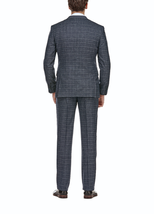 English Laundry Windowpane Blue Denim Style Slim Fit Notch Lapel Stretch 3-Piece Suit