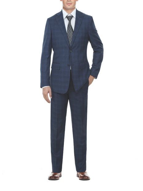 English Laundry Blue Plaid Slim Fit Notch Lapel Stretch 2 Button Suit