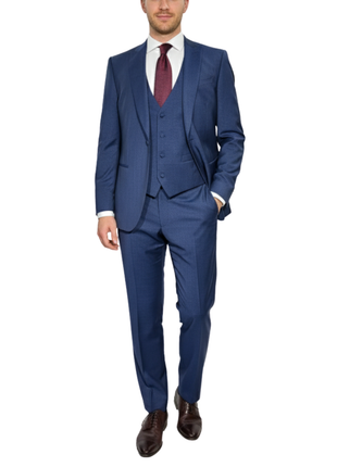 Corneliani Mens Blue Micro-Pattern Fully-Canvassed Peak Lapel Classic Fit 3-Piece Stretch Wool Suit - 42R - The Suit Depot