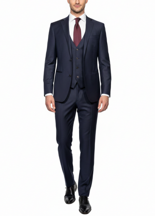 Corneliani Mens Navy Micro-Pattern Fully-Canvassed Notch Lapel Classic Fit 3-Piece Wool Suit - 36S - The Suit Depot