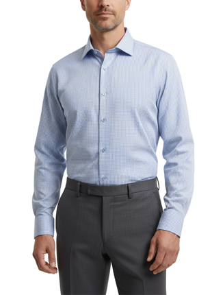 Mens Check Blue And White Contemporary Fit Cotton Blend Stretch Spread Collar Dress Shirt
