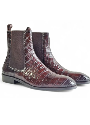 Carrucci Mens Chestnut Crocodile Embossed Leather Chelsea Boots