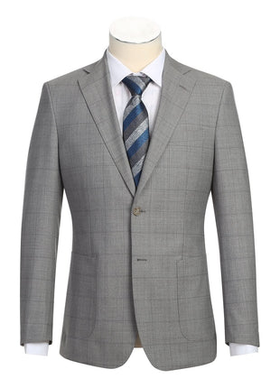 English Laundry Grey Windowpane Plaid Slim Fit Notch Lapel 2 Button Wool Suit