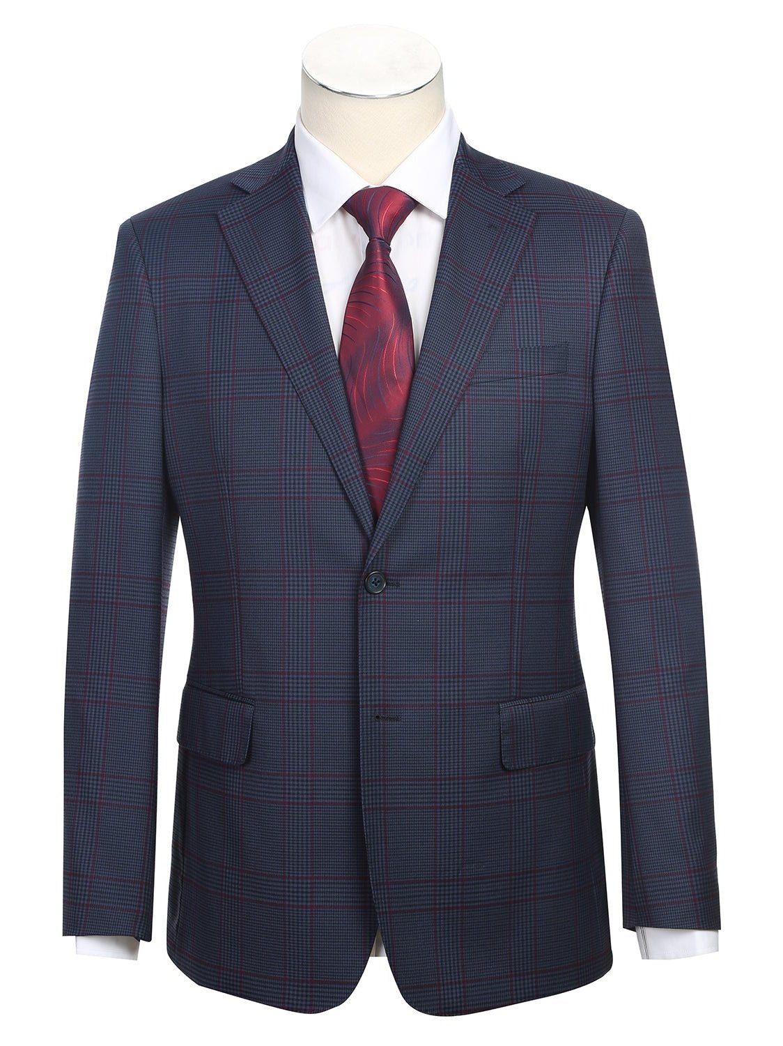 English Laundry Slim Fit Two button Blue with Burgundy Check Peak Lapel Suit