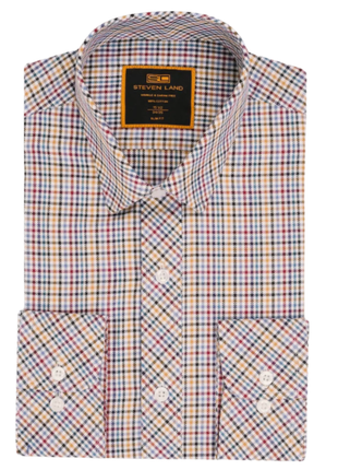 Steven Land Multicolor Plaid Spread Collar Slim Fit Wrinkle & Shrink Free Cotton Dress Shirt