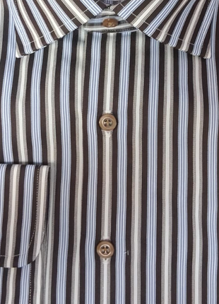 Proper Shirtings Stripe Brown and Blue Contemporary Fit Cotton Spread Collar Wrinkle Free Dress Shirt